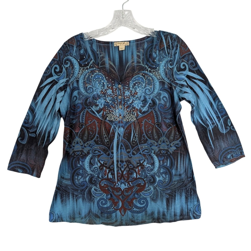 Energe World Wear Paisley Henley Top S Blue Rhinestone Boho 3/4 Sleeve Y2K Shirt